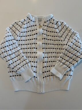 White Knit Zip Sweater with Brown Stripe Detail